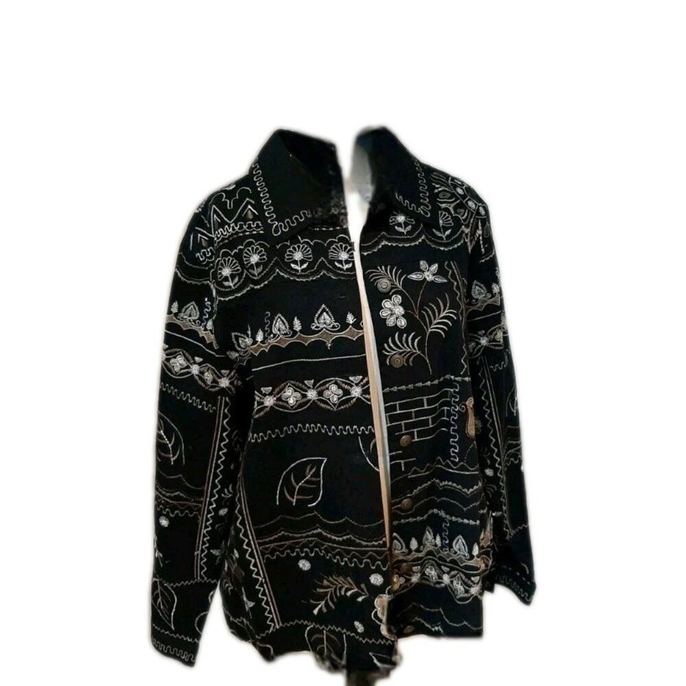 Y2K Laura Ashley Jacket Womens 1X Black Denim Embroidered Gold Silver Boho Artsy